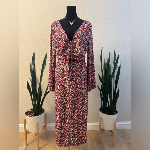 Sanctuary Floral Print Midi Dress Large Red Halter Neck Long Sleeves Cutout Boho - Picture 3 of 12